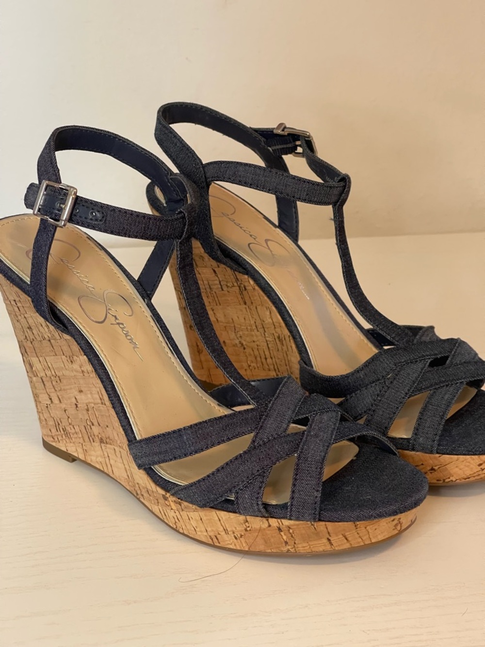Jessica Simpson Dark Blue T-Strap Cork Wedge Sandals